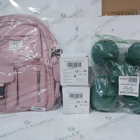 BOX OF APPROXIMATELY 20 ASSORTED HOUSEHOLD ITEMS TO INCLUDE FLORAL FOAM SPHERES, CERAMIC BLUE SAUCE CUPS, ZHAN AO BACKPACK IN PINK, ETC