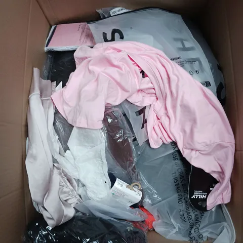 LARGE BOX OF APPROXIMATELY 20 ASSORTED CLOTHING ITEMS IN VARIOUS SIZES, STYLES AND COLOUR
