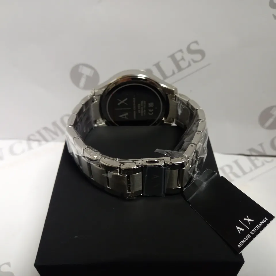 BOXED ARMANI EXCHANGE STAINLESS STEEL THREE HAND WATCH WITH BRACELET STRAP