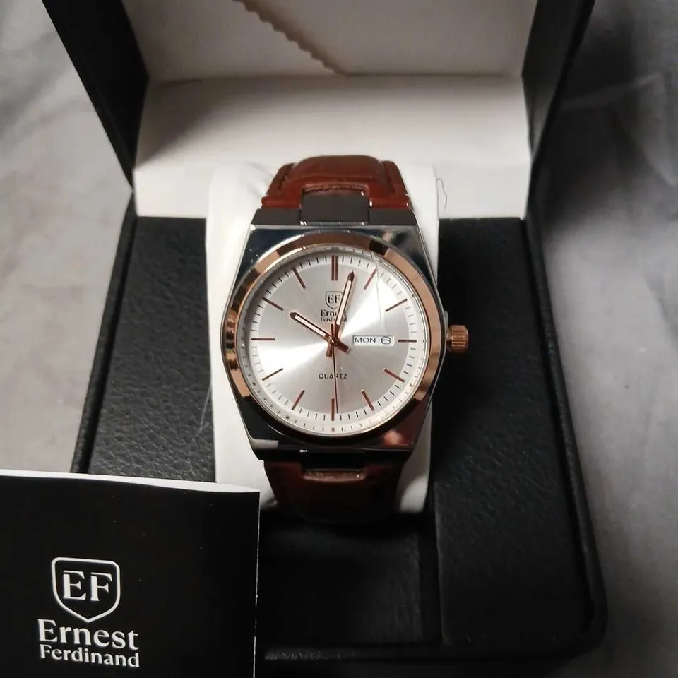 ERNEST FERDINAND WRISTWATCH - SILVER DIAL, ROSE-GOLD BEZEL, BROWN LEATHER STRAP (BOXED)