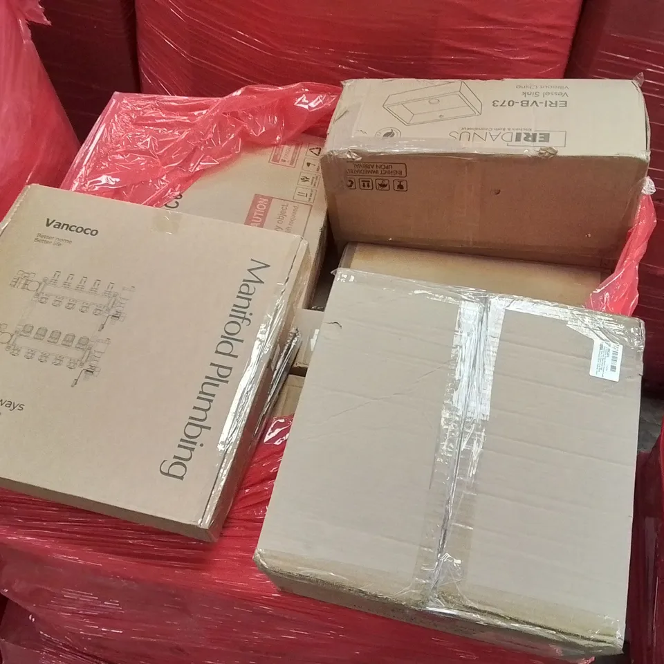 PALLET CONTAINING VARIOUS ASSORTED BOXED HOUSEHOLD ITEMS TO INCLUDE: SAFETY GATE, AUR COOLER, MANIFOLD PLUMBING, VESSEL SINK AND LOTS MORE UNMARKED BOXED ITEMS 