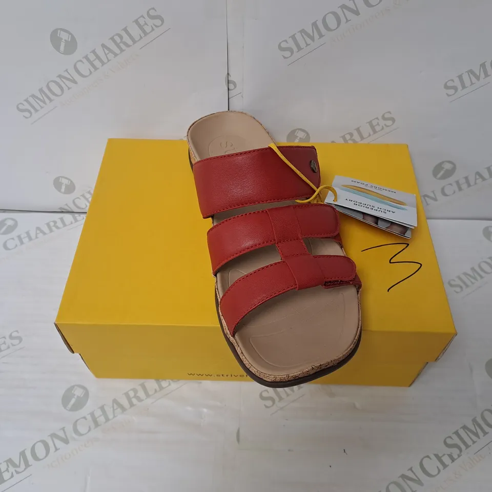 BOXED PAIR OF STRIVE SAMOA TRIPLE STRAP SANDALS IN SCARLET SIZE 9