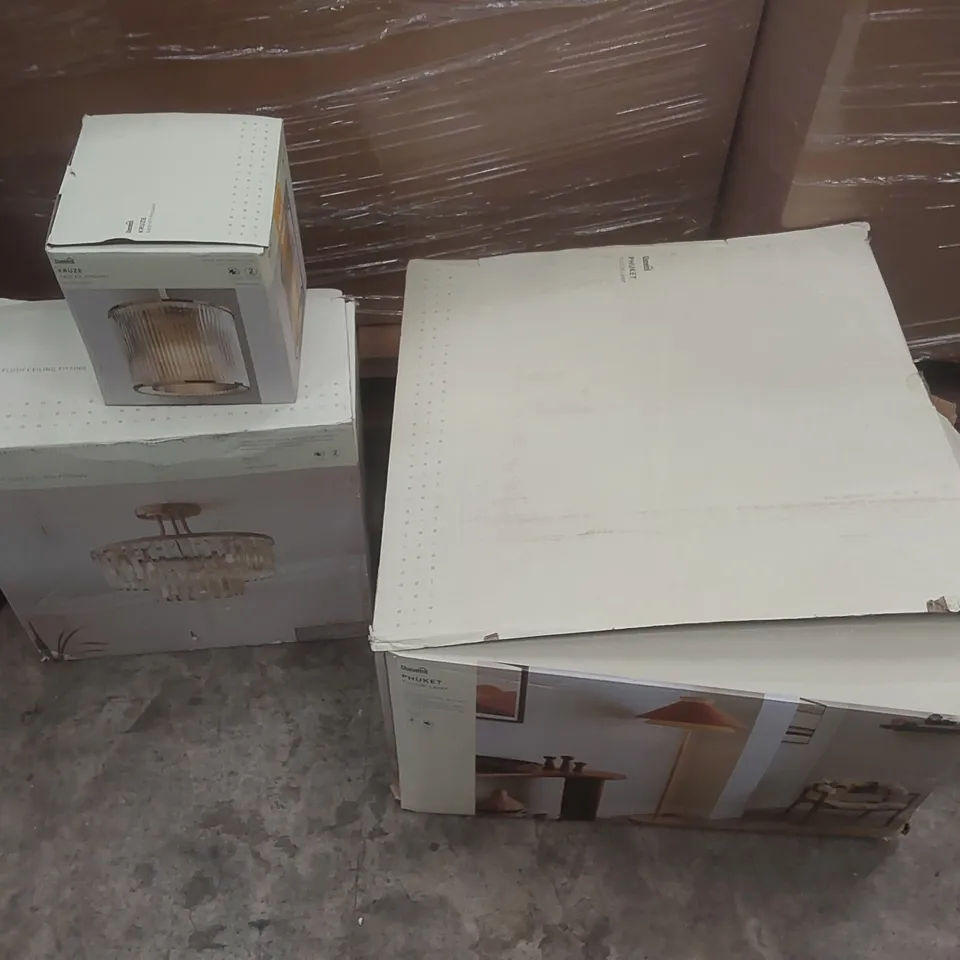 PALLET CONTAINING A VERY LARGE QUANTITY OF ASSORTED DESIGNER LIGHTING PRODUCTS INCLUDING: PHUKET FLOOR LAMP, KRUZE EASY FIT PENDANT, AUDRA SEMI FLUSH CEILING FITTING ECT