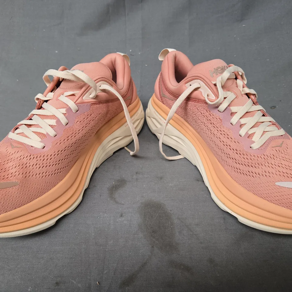 BOXED PAIR OF HOKA WOMEN'S BONDI 8 SHOES IN PINK/CORAL UK SIZE 8