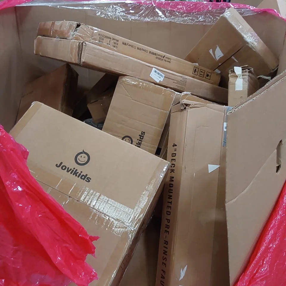 PALLET OF ASSORTED HOUSEHOLD ITEMS AND CONSUMER PRODUCTS TO INCLUDE; BOOSTER SEAT, PIZZA PEEL, BOXED FURNITURE ETC 