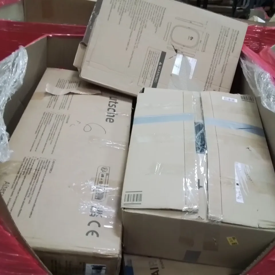 PALLET CONTAINING VARIOUS ASSORTED BOXED HOUSEHOLD ITEMS TO INCLUDE: DOG POTTY SYSTEM, WALL MIRROR, AIR COOLER AND LOTS MORE UNMARKED BOXED ITEMS 