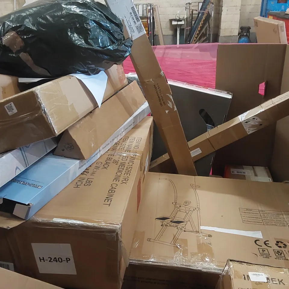 PALLET OF ASSORTED ITEMS INCLUDING: FHD 24" MONITOR, LED MEDICINE CABINET, STAIR STEPPER, AIRCOOLER, REVERSE OSMOSIS WATER FILTRATION SYSTEM ECT