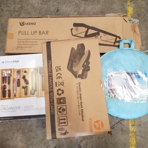 PALLET CONTAINING ASSORTED PRODUCTS INCLUDING PULL UP BAR, KITCHEN UTENSILS ORGANIZER, ELECTRIC UNDER DESK ELLIPTICAL & POP UP MOSQUITO NET