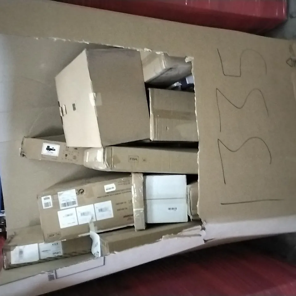 PALLET OF ASSORTED ITEMS INCLUDING AMADA FLOATING SHELF, CHERRY SIDE TABLE, DOEWORKS, BRIAN & DANY STORAGE OTTOMAN, XPOWER AIR CIRCULATOR 