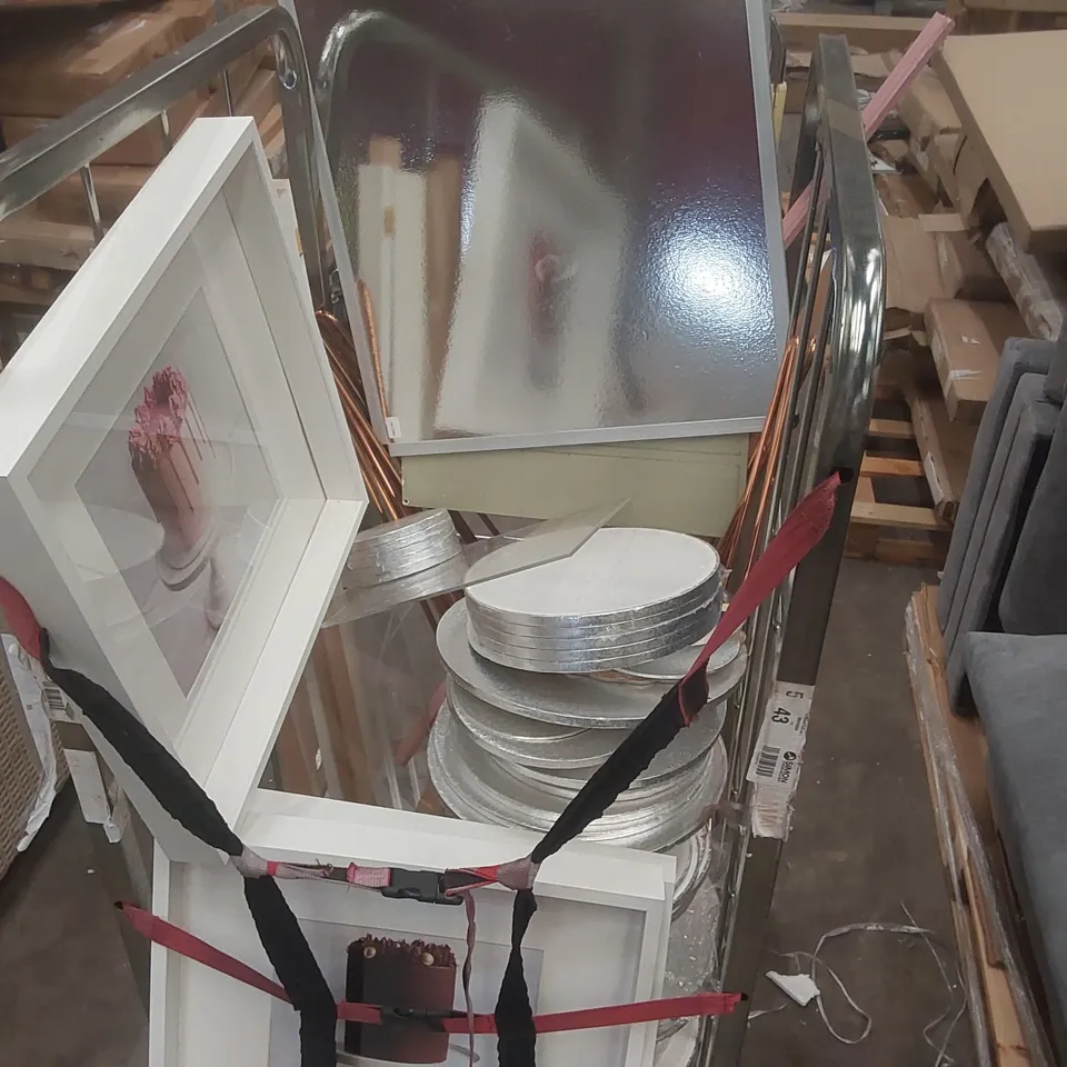 CAGE CONTAINING ASSORTED BAKERY DECORATIONS AND CAKE STANDS ECT // CAGE NOT INCLUDED