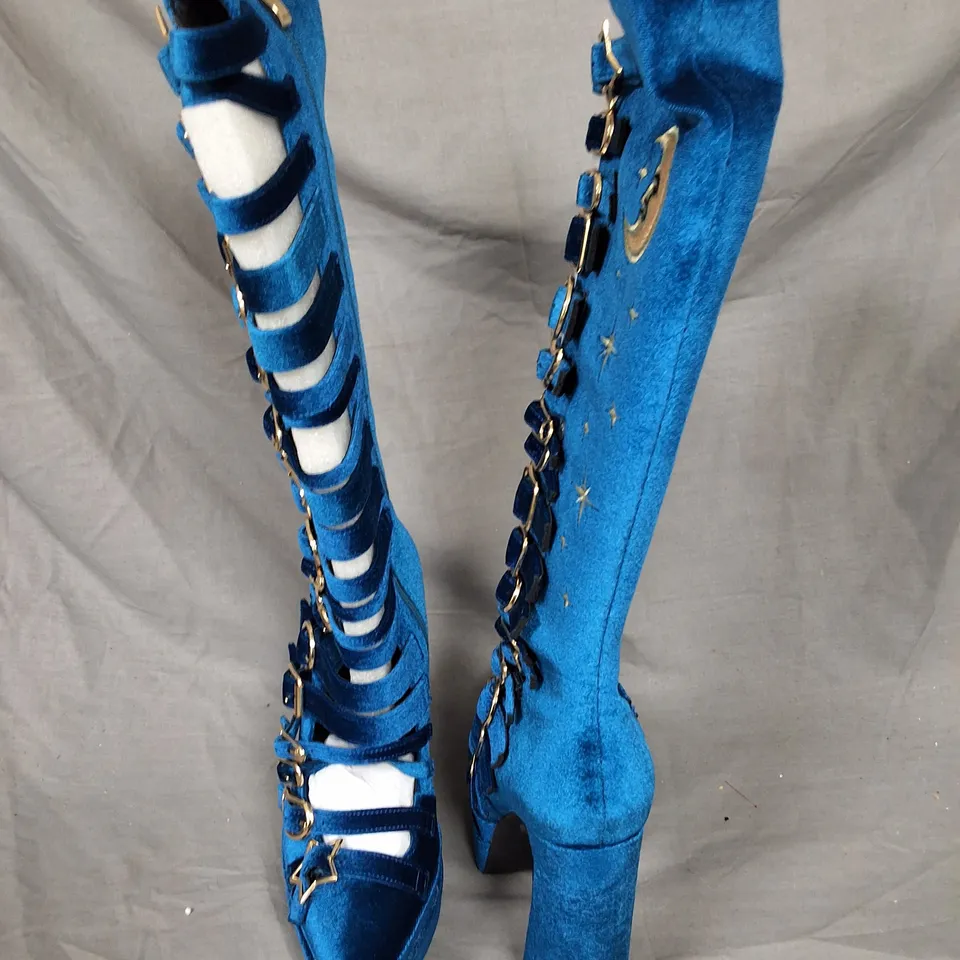 BOXED KOI CYBERSPACE CELESTIAL LONG BOOTS IN BLUE - UK 6