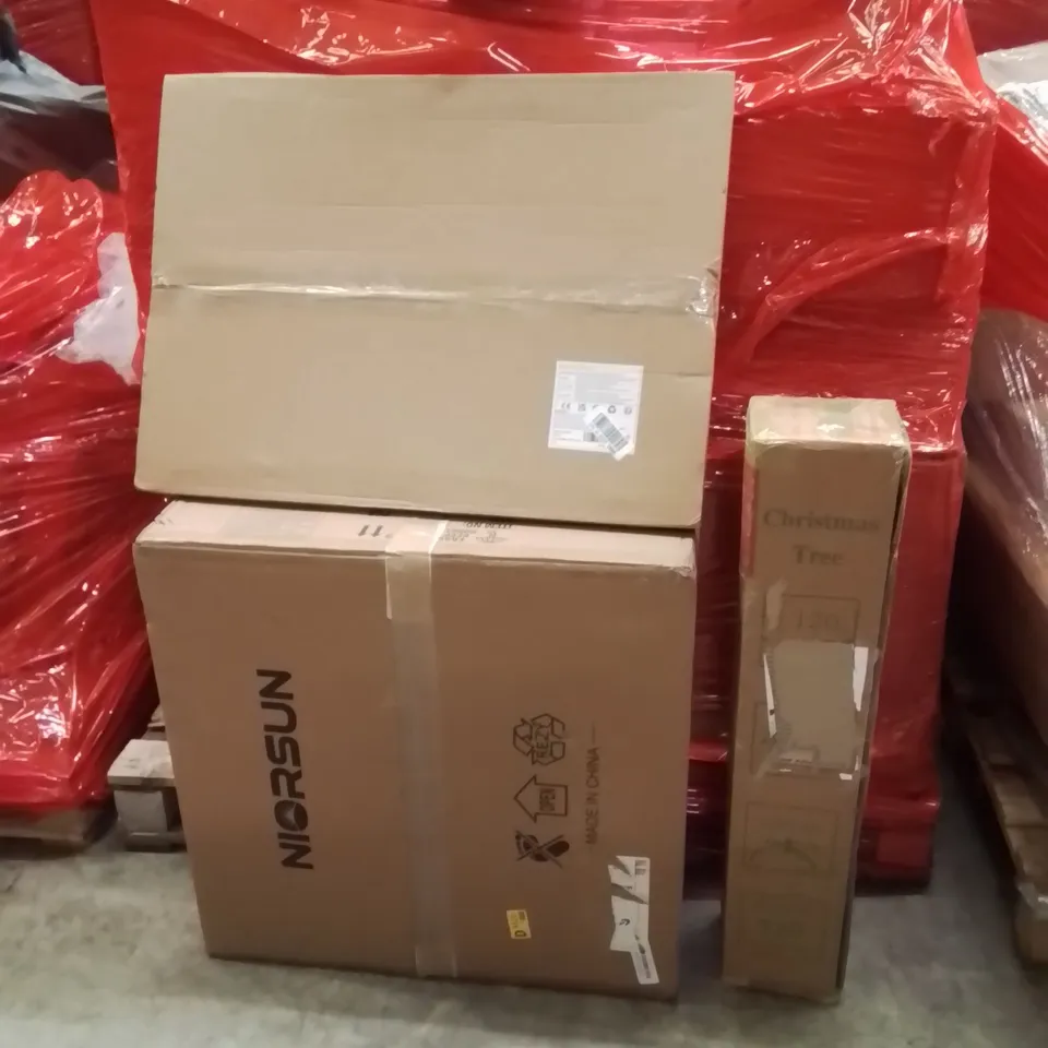 PALLET OF ASSORTED HOUSEHOLD GOODS AND PRODUCTS TO INCLUDE;CHRISTMAS TREE,PICTURE FRAME,CEILING FAN WITH LIGHT 