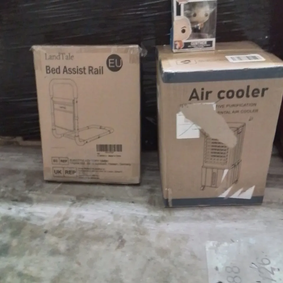 PALLET OF ASSORTED HOUSEHOLD GOODS AND PRODUCTS TO INCLUDE;BED RAIL ASSISTANT,AIR COOLER,FUNKO POP FIGURINE