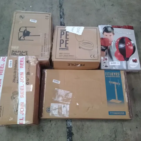 PALLET OF ASSORTED ITEMS INCLUDING PEPE BEDSIDE COMMODE, PUNCHING BALL, FITUEYES TV STAND WITH MOUNT, PEPE TOILET RISER 6", 20KG ADJUSTABLE DUMBBELL