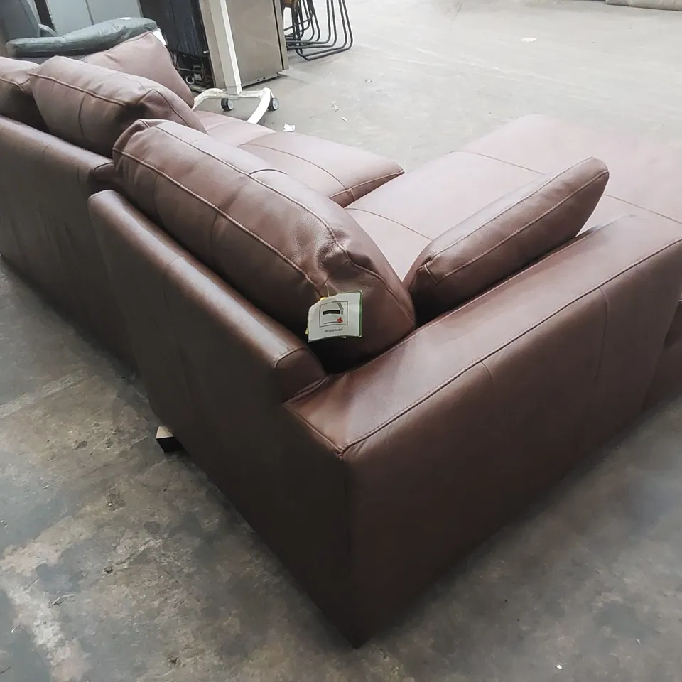 DESIGNER 3 SEATER TAN LEATHER CHAISE SOFA 