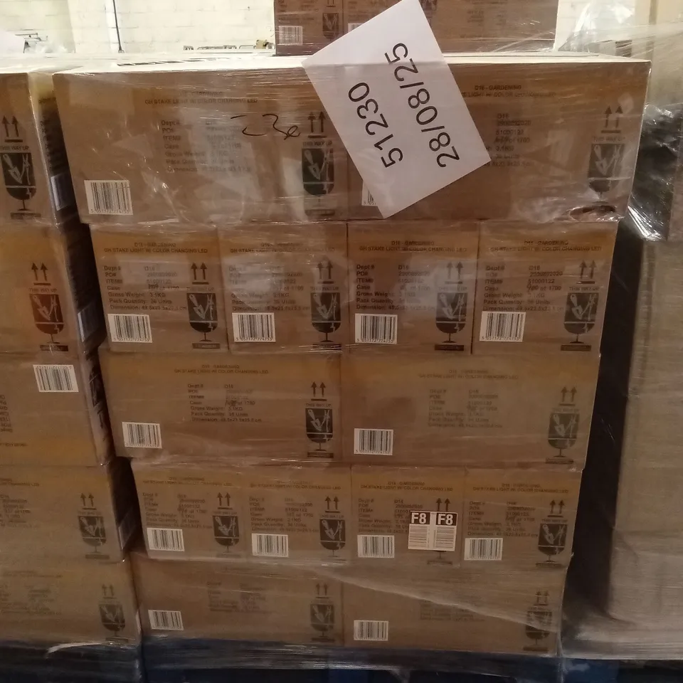 PALLET TO CONTAIN APPROXIMATELY 50 BOXES OF BRAND NEW GARDEN SOLAR STAKE LIGHTS // 36 STAKE LIGHTS PER BOX
