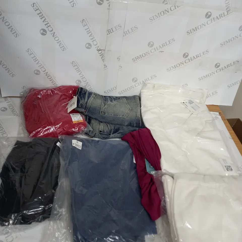 LARGE BOX OF ASSORTED CLOTHING ITEMS IN VARIOUS COLOURS AND SIZES INCLUDING TROUSERS , TOPS AND JUMPERS