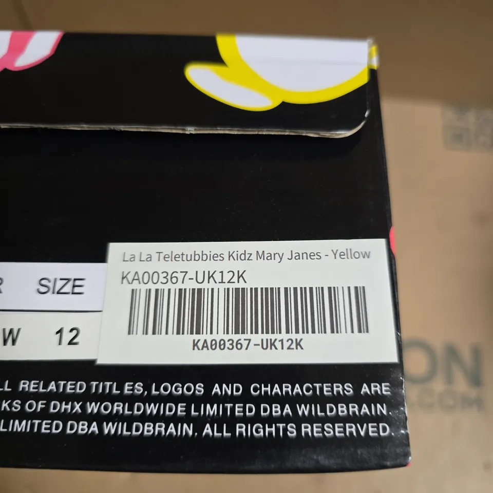 BOXED PAIR OF KOI LA LA TELETUBBIES KIDZ MARY JANES – YELLOW, UK SIZE 12