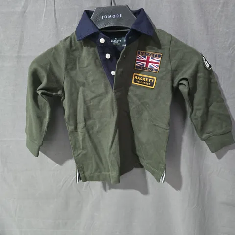 HACKETT LONDON HERITAGE TODDLER POLO SHIRT – OLIVE GREEN, PATCHES, SIZE 2 YEARS