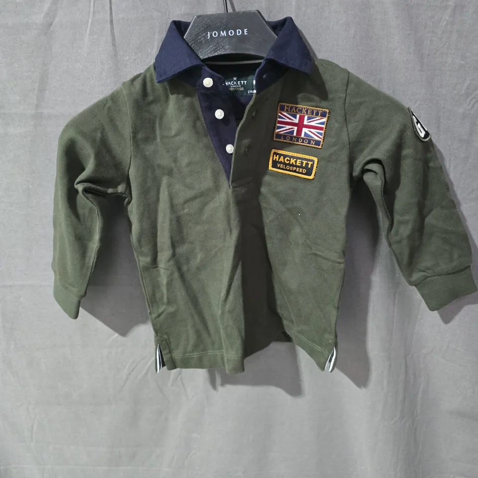 HACKETT LONDON HERITAGE TODDLER POLO SHIRT – OLIVE GREEN, PATCHES, SIZE 2 YEARS
