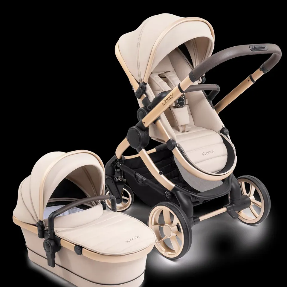 BOXED iCANDY PEACH BISCOTTI ON BLONDE COMBI STROLLER, FABRIC SEAT UNIT & CONVERTER BASE (3 BOXES)