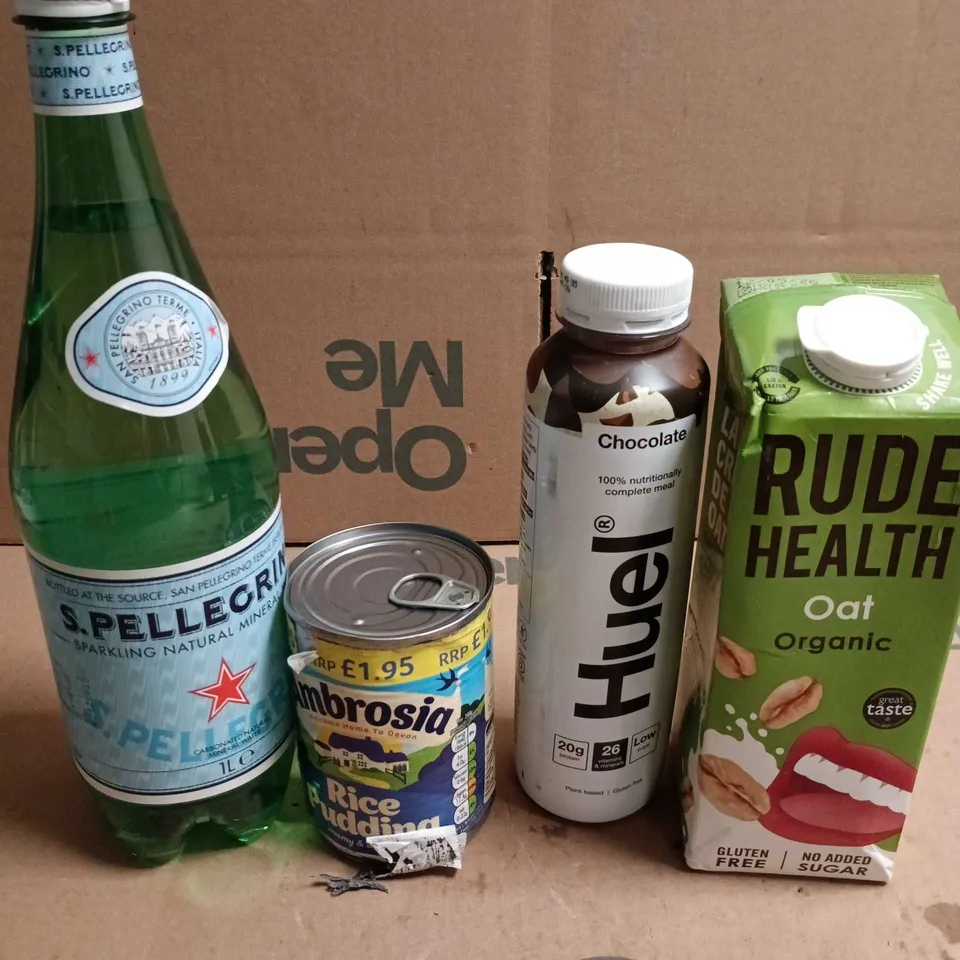 APPROXIMATELY 8 ASSORTED FOOD/DRINK PRODUCTS TO INCLUDE HUEL DRINKS, RUDE HEALTH OAT, RICE PUDDING ETC 