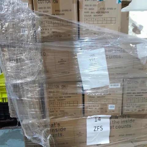 PALLET OF APPROXIMATELY 25 BOXES OF ASSORTED CLOTHING TO INCLUDE LONG SLEEVE SCOOP TOP & ROLL NECK PULLOVER,ETC - COLLECTION ONLY 