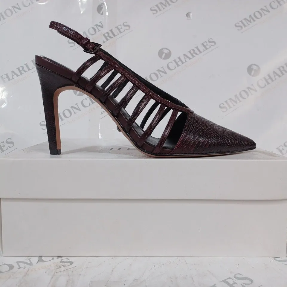 BOXED PAIR OF REISS DAPHNE SLINGBACK HEELS IN POMEGRANATE SIZE 6