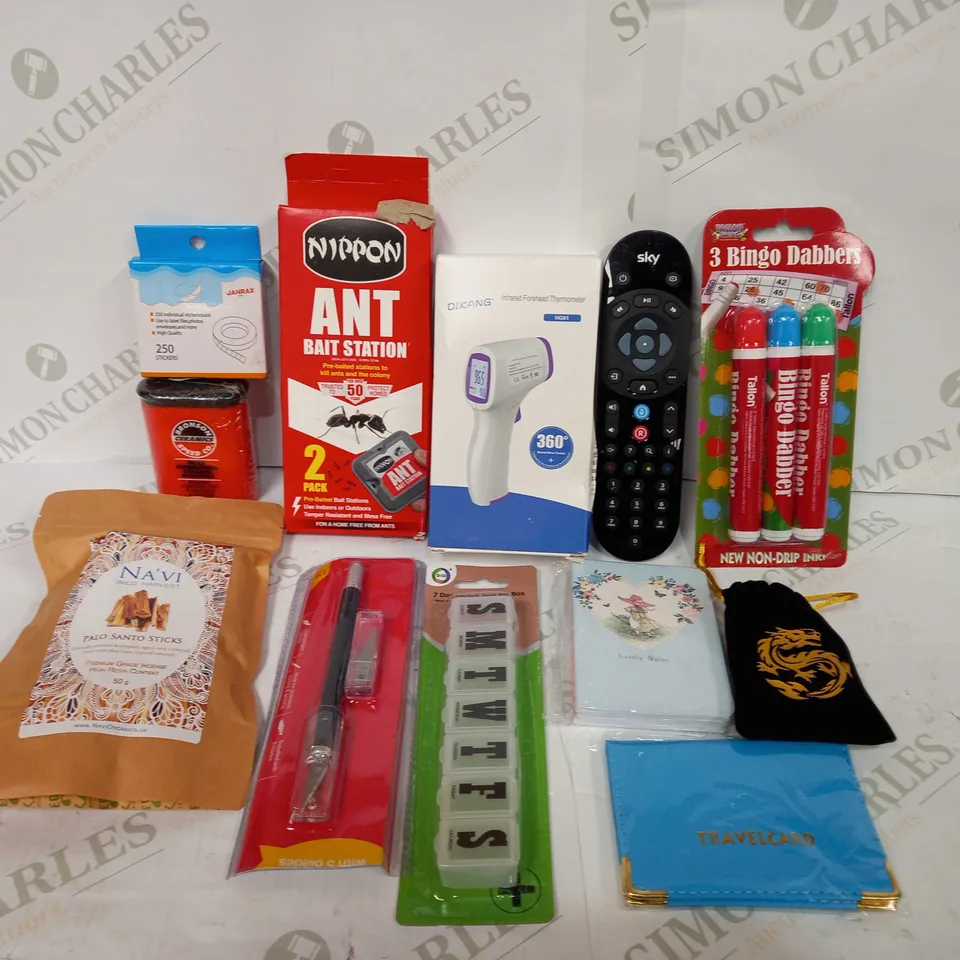 BOX TO CONTAIN APPROX 30 ASSORTED HOUSEHOLD PRODUCTS, INCLUDES INFRARED FOREHEAD THERMOMETER, REMOTE, BINGO MARKERS, TRAVEL WALLET ETC
