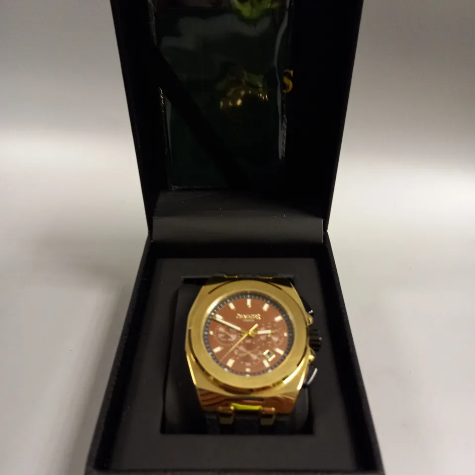 BOXED GAMAGES COMMANDER GOLD COLOUR CASE RUBBER STRAP WATCH 