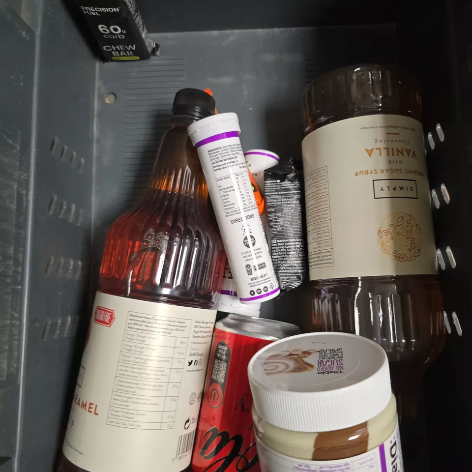 APPROXIMATELY 10 ASSORTED FOOD/DRINK PRODUCTS TO INCLUDE CHERRY COKE, DIABLO, CARB CHEW BAR ETC 