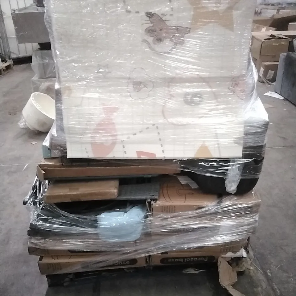 PALLET CONTAINING A LARGE QUANTITY OF ASSORTED HOUSEHOLD GOODS WHICH INCLUDE; PARASOL BASES, CAMPING WAGON, BOOSTER SEAT, FOLDING CHAIRS ETC