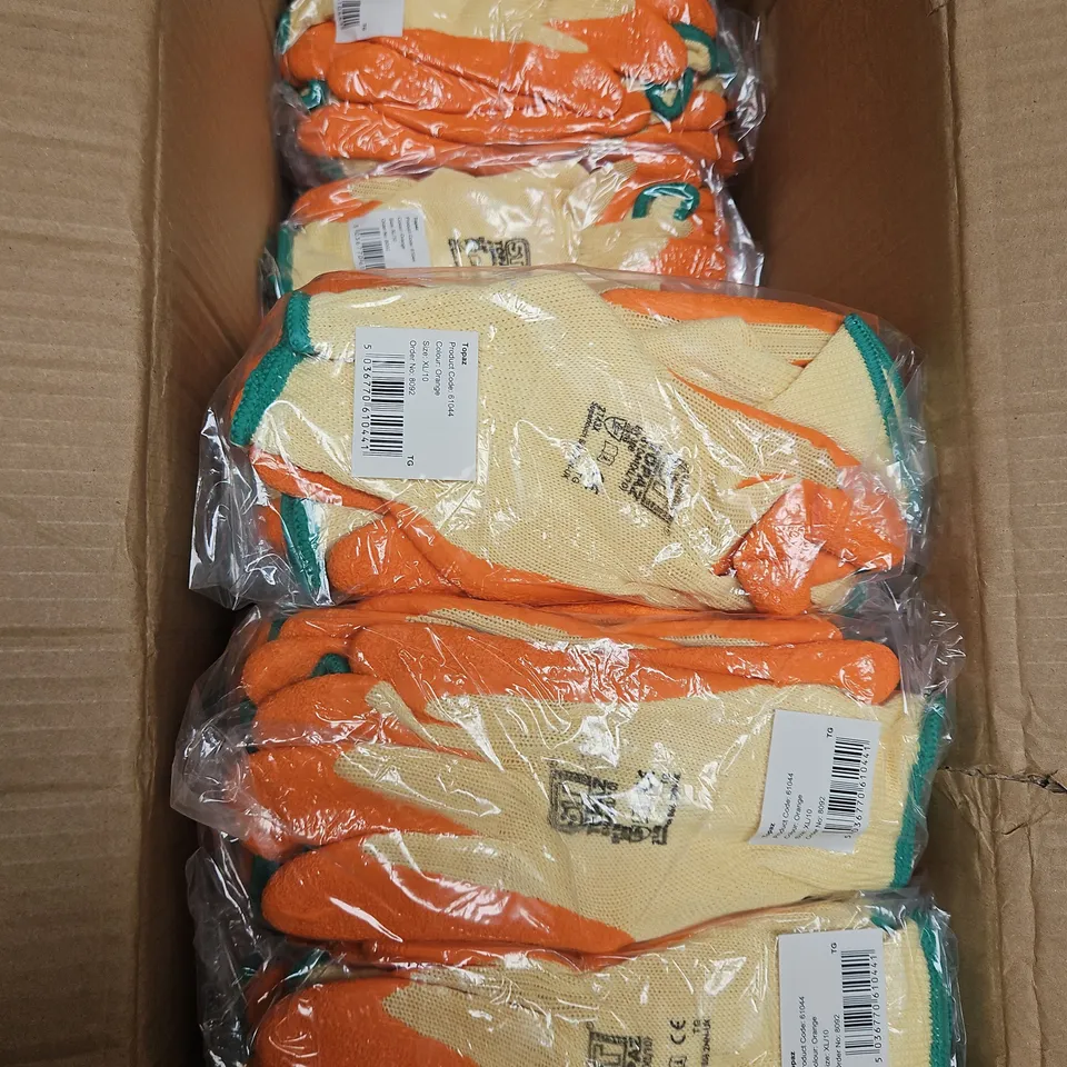 BOX OF APPROX 8X12 PAIRS ST TOPAZ WORK GLOVES IN ORANGE SIZE XL