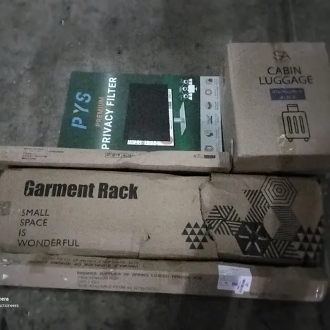 PALLET OF ASSORTED ITEMS INCLUDING CABIN LUGGAGE, GARMENT RACK, SPRING LOADED TENSION ROD, PRIVACY FILTER, FLOATING SHELF, GRILL TOOLS, PORTABLE SPORTS NET