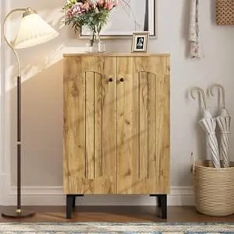 BOXED MERAX MODERN DOUBLE-DOOR SHOE CABINET WITH MULTI-LAYER SHELVES - NATURAL (1 BOX)