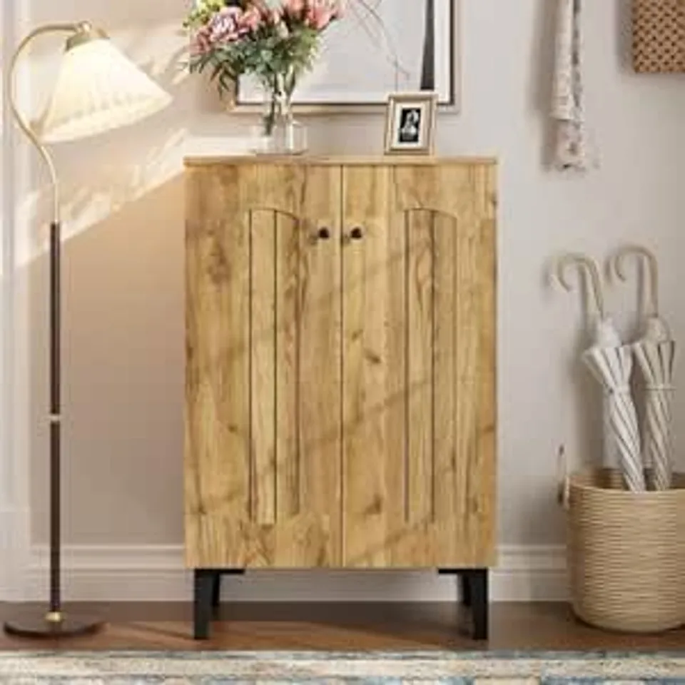 BOXED MERAX MODERN DOUBLE-DOOR SHOE CABINET WITH MULTI-LAYER SHELVES - NATURAL (1 BOX)