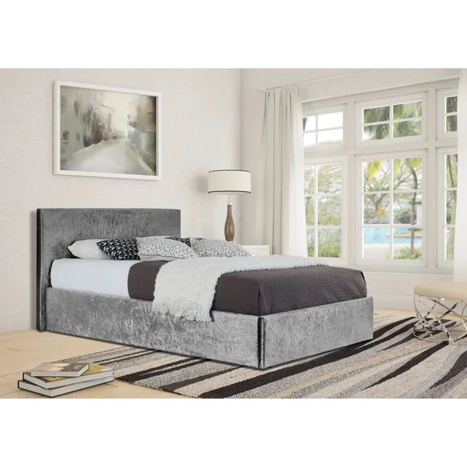 BOXED DODSON UPHOLSTERED OTTOMAN BED IN SILVER CRUSHED VELVET // SIZE: 5FT (2 BOXES)