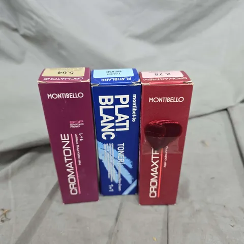 APPROXIMATELY 20 ASSORTED MONTIBELLO PRODUCTS TO INCLUDE CROMATONE HAIR COLOURING CREAM RED PURPLE, PLATI BLANC BEIGE TONER, CROMATONE HAIR COLOURING CREAM LIGHT BRUNETTE, ETC - COLLECTION ONLY