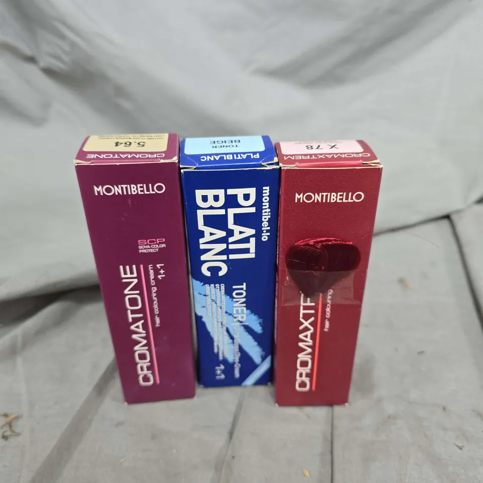 APPROXIMATELY 20 ASSORTED MONTIBELLO PRODUCTS TO INCLUDE CROMATONE HAIR COLOURING CREAM RED PURPLE, PLATI BLANC BEIGE TONER, CROMATONE HAIR COLOURING CREAM LIGHT BRUNETTE, ETC - COLLECTION ONLY