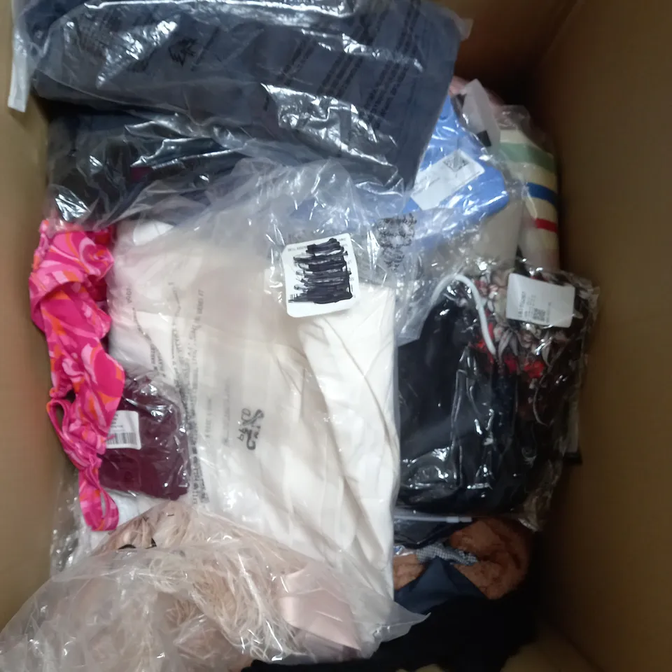BOX OF APPROXIMATELY 22 ASSORTED CLOTHING ITEMS TO INCLUDE - SHORTS, JACKETS, JUMPERS ETC