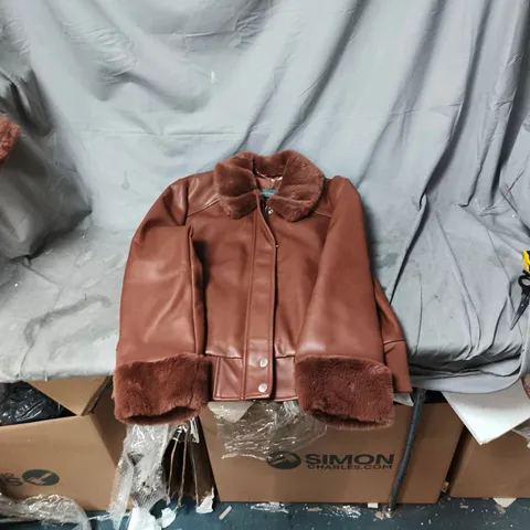 RUTH LANGFORD BROWN LEATHER BOMBER JACKET WITH FUR COLLAR & CUFFS – UK 12