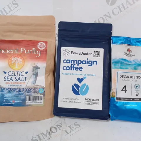 APPROXIMATELY 10 ASSORTED FOOD & DRINK ITEMS TO INCLUDE BELLAROM DECAF BLEND ROAST COFFEE, EVERY DOCTOR CAMPAIGN COFFEE, ANCIENT PURITY CELTIC SEA SALT, ETC