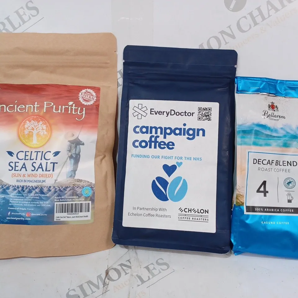 APPROXIMATELY 10 ASSORTED FOOD & DRINK ITEMS TO INCLUDE BELLAROM DECAF BLEND ROAST COFFEE, EVERY DOCTOR CAMPAIGN COFFEE, ANCIENT PURITY CELTIC SEA SALT, ETC