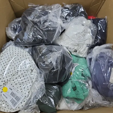 LARGE BOX OF APPROX 15 ASSORTED CLOTHING ITEMS IN VARIOUS COLORS , STYLES AND SIZES