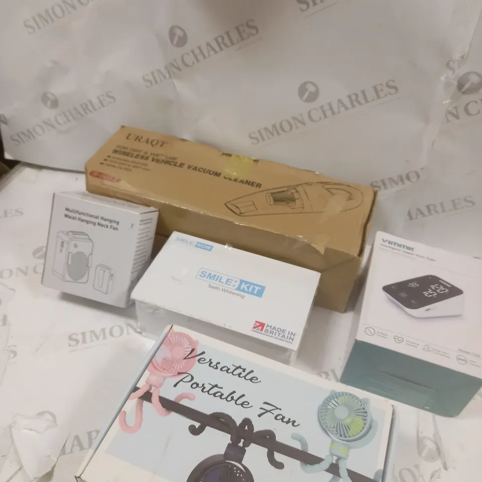 BOX OF APPROXIMATELY 5 ASSORTED ITEMS TO INCLUDE TEETH WHITENING KIT, BLOOD PRESSURE MONITOR, PORTABLE FAN ETC