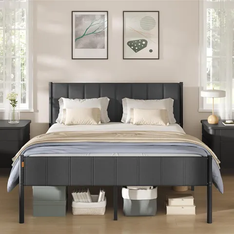 BOXED VASAGLE KING BED FRAME, 150 x 190cm, WITH UPHOLSTERED HEADBOARD