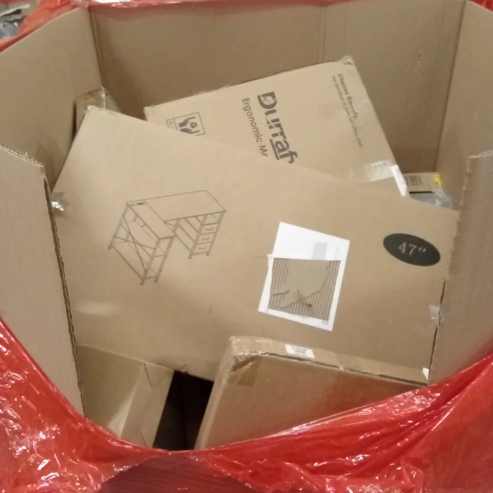 PALLET OF ASSORTED HOUSEHOLD GOODS AND PRODUCTS TO INCLUDE; OFFICE CHAIR, COMPUTER DESK, FLATPACK FURNITURE ETC