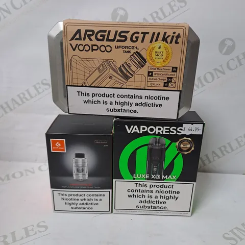 APPROXIMATELY 20 ASSORTED E-CIGARETTE PRODUCTS TO INCLUDE GEEKVAPE Z TOP AIRFLOW SUB-OHM TANK, VAPORESSO LUXE XR MAX, VOOPOO ARGUS GT II KIT
