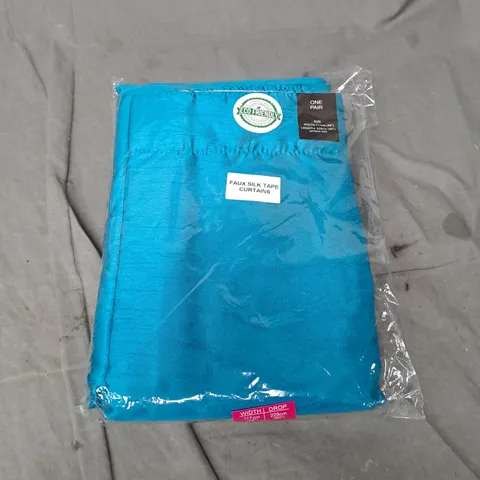 FAUX SILK TAPE CURTAINS ONE PAIR IN BLUE (168x229cm)