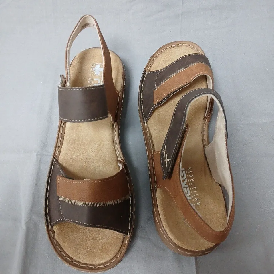 BOXED REIKER BROWN LEATHER LOOK SANDALS - UK 7.5